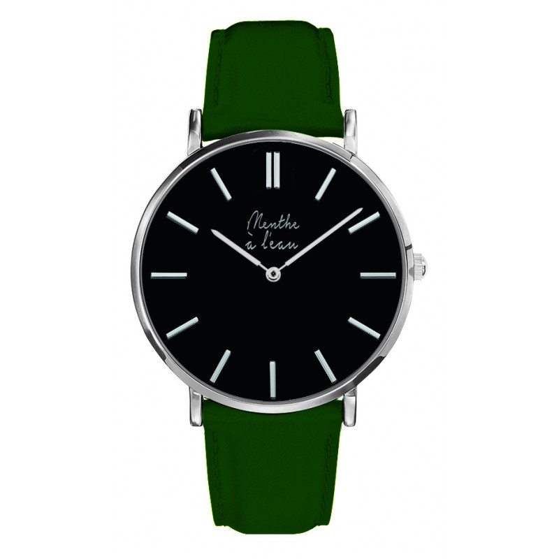 Montre Montre Homme La Véritable bracelet cuir vert fond noir chrom...