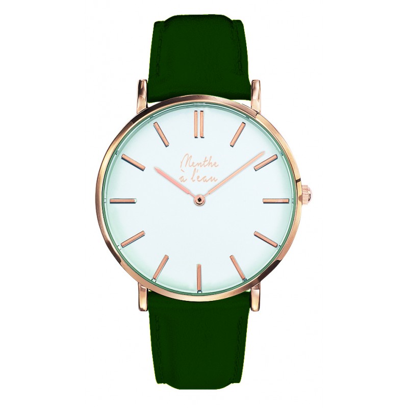 Montre Montre Homme La Véritable bracelet cuir vert fond blanc rose...