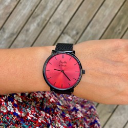 Montre Montre Mixte L'Indécise maille noire fond rouge par Menthe à...