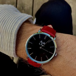 Montre Montre Homme La Véritable bracelet cuir rouge fond noir chro...