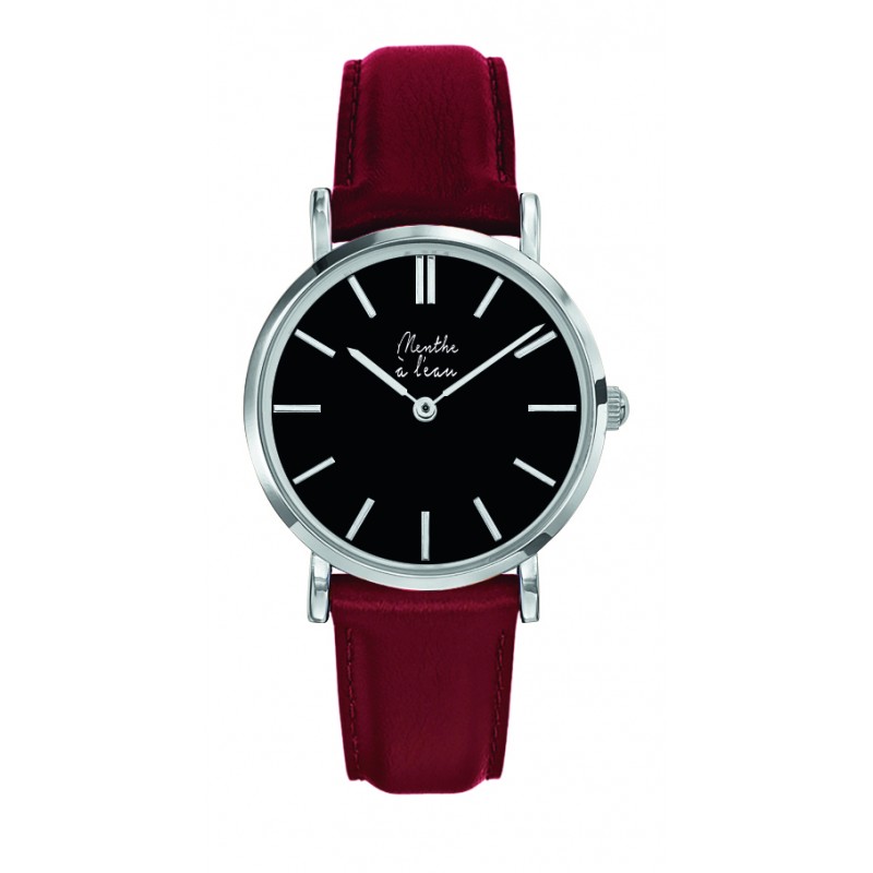 Montre Montre Femme La Véritable bracelet cuir bordeaux fond noir c...