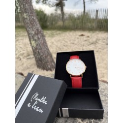 Montre Montre Homme La Véritable bracelet cuir rouge fond blanc ros...