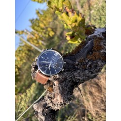 Montre Montre Homme La Précise bracelet cuir marron fond bleu chrom...