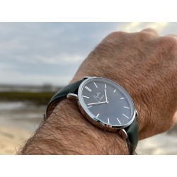 Montre Montre Homme La Véritable bracelet cuir vert fond noir chrom...