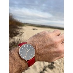 Montre Montre Homme La Véritable bracelet cuir rouge fond noir rose...