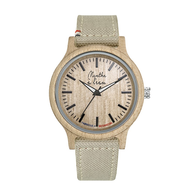 Montre Montre Bois L'Érable bracelet tissu et Cuir beige cocarde Bl...