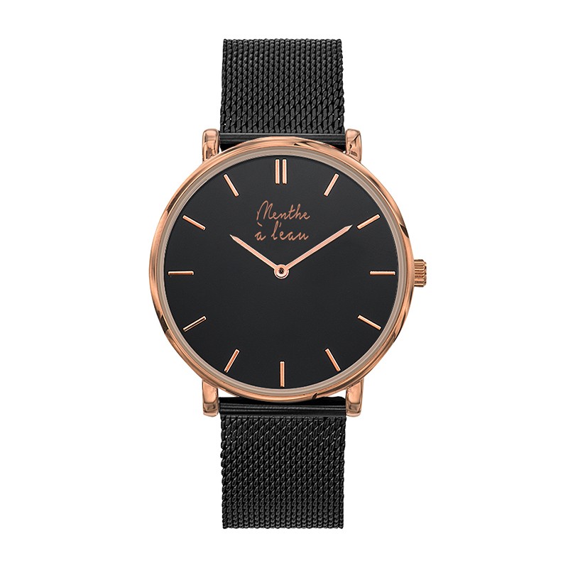 Montre Montre Mixte L'Indécise maille noire fond noir rose dorée pa...
