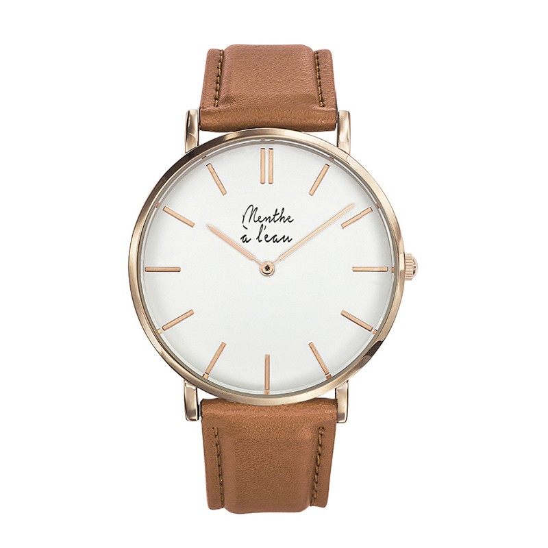 Montre Montre Homme La Véritable bracelet cuir camel fond blanc ros...