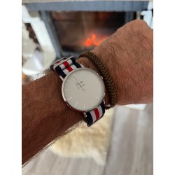 Montre Homme La Résistante bracelet nato bleu/blanc/rouge fine chromée