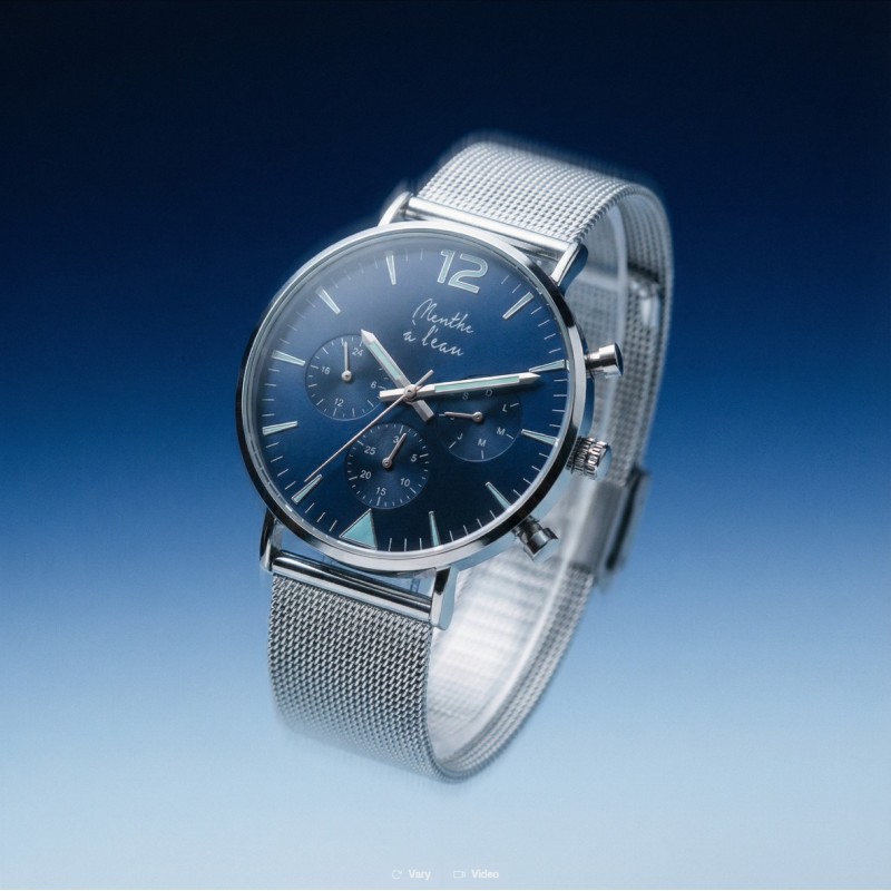 Montre Montre Homme La Précise bracelet maille chromée fond bleu ch...