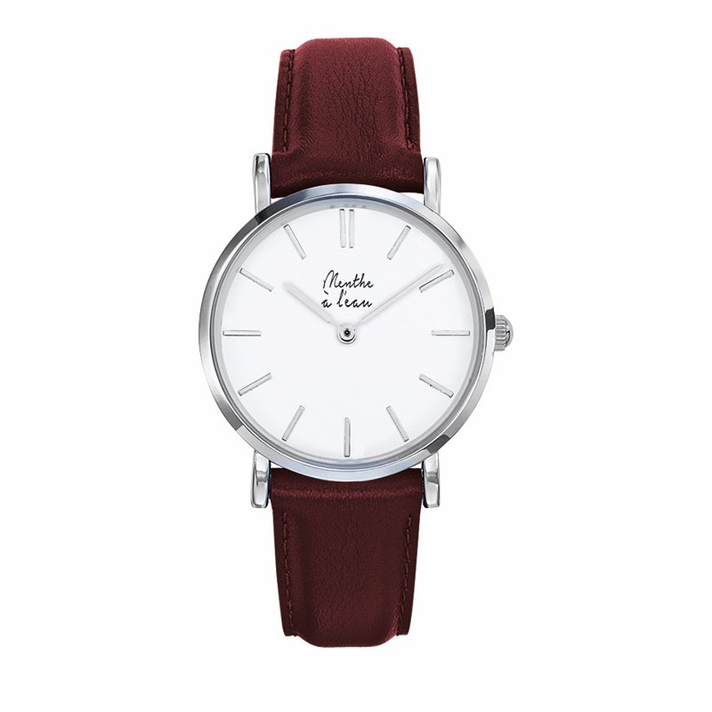 Montre Montre Femme La Véritable bracelet cuir bordeaux fond blanc ...