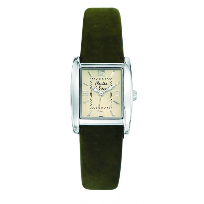 Montre Montre Femme La Rectangle bracelet cuir kaki fond champagne ...