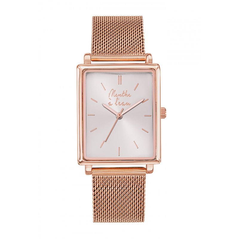 Montre Montre Femme La Rectangle maille dorée rose fond blanc par M...
