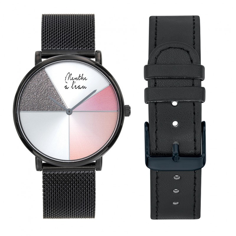 Montre Coffret Montre Mixte L'Indécise maille noire rose design + f...