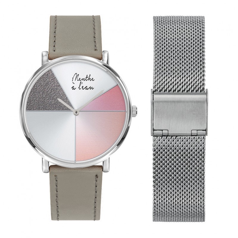Montre Coffret Montre Mixte L'Indécise façon cuir gris rose design ...