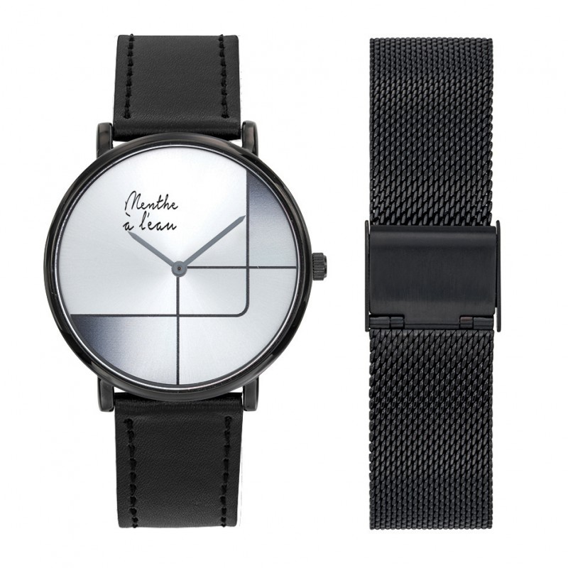 Montre Coffret Montre Mixte L'Indécise façon cuir noir gris design ...