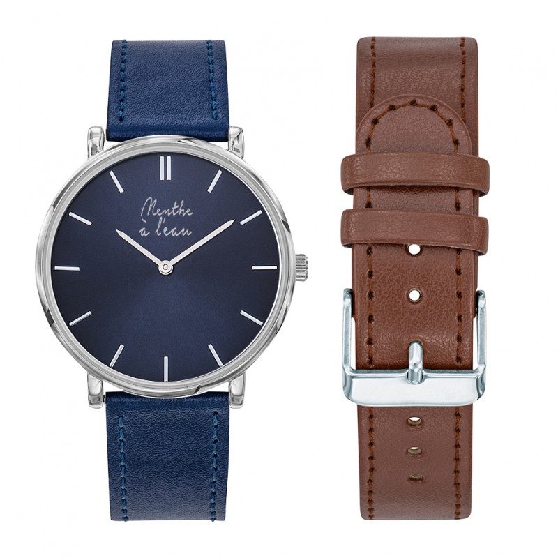 Montre Coffret Montre Mixte L'Indécise façon cuir bleu fond bleu + ...