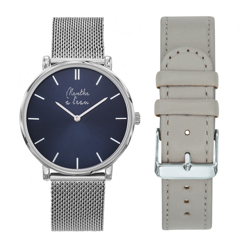 Montre Coffret Montre Mixte L'Indécise maille chromée fond bleu + f...