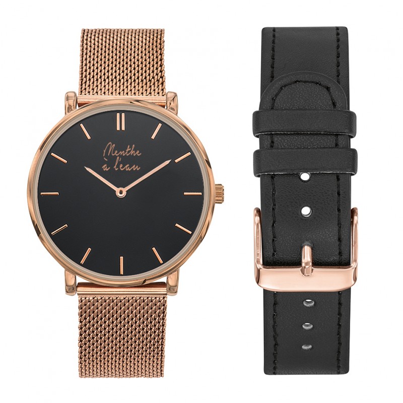 Montre Coffret Montre Mixte L'Indécise maille dorée rose fond noir ...