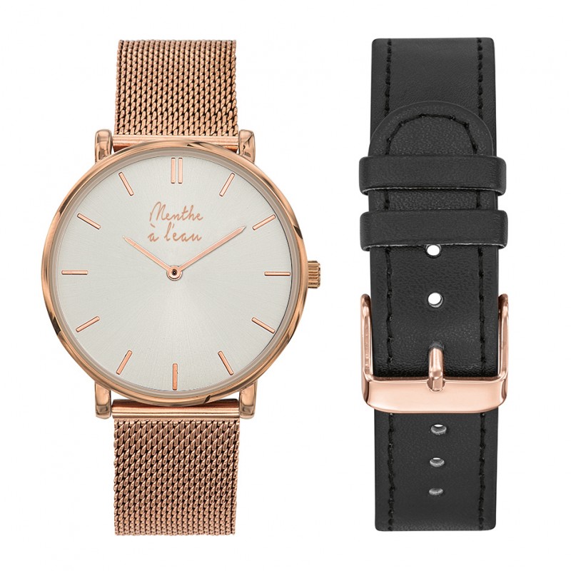 Montre Coffret Montre Mixte L'Indécise maille dorée rose fond solei...