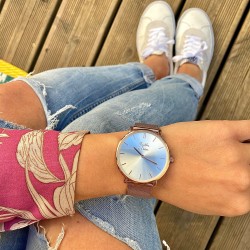 Montre Coffret Montre Mixte L'Indécise maille dorée rose fond solei...