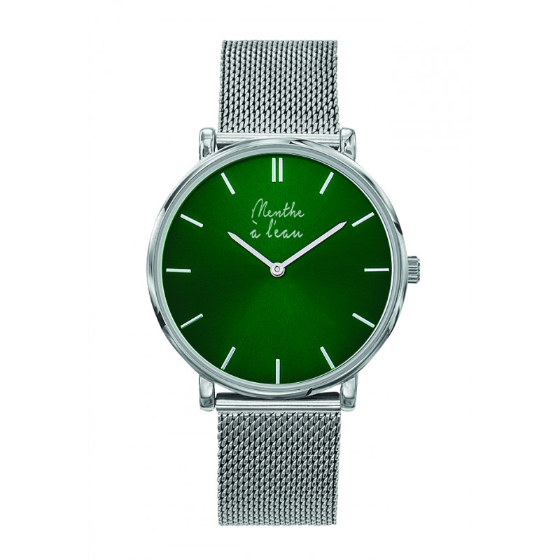 Montre Montre Mixte L'Indécise maille chromée fond vert par Menthe ...