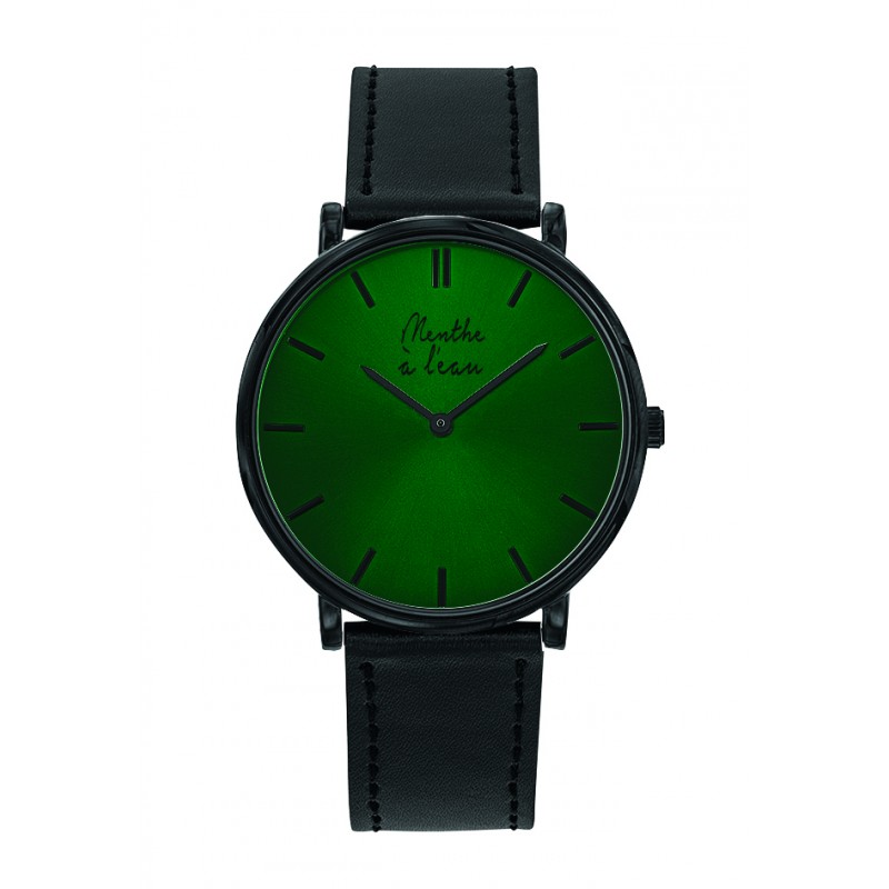 Montre Montre Mixte L'Indécise bracelet façon cuir noir fond vert n...