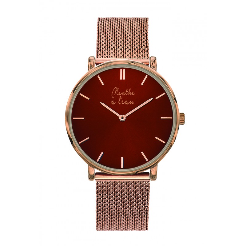 Montre Montre Mixte L'Indécise maille dorée rose fond rouge par Men...