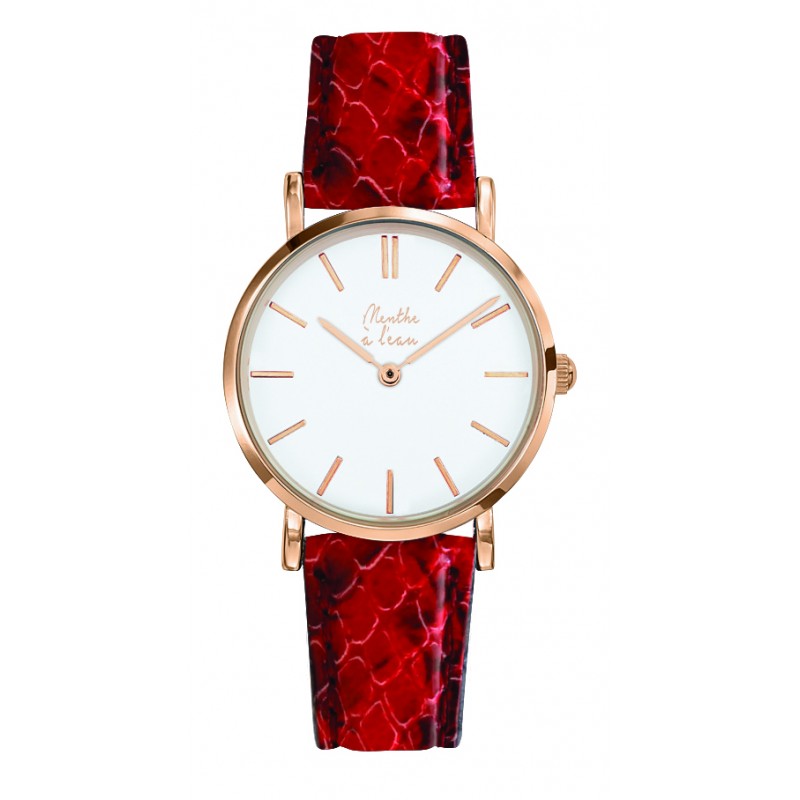 Montre Montre Femme La Véritable bracelet cuir python rouge fond bl...